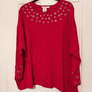 Chico's Red Poncho Style Long Sleeve Sweater w/ Gold Tone Grommets size S/M
